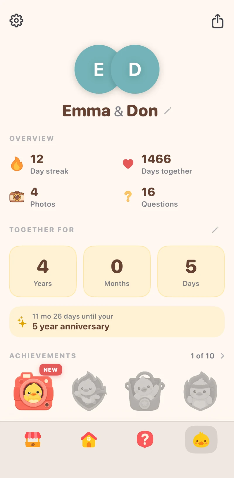 Waddle couple profile showing streak, days together and achievements
