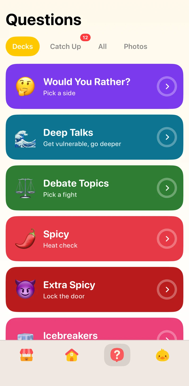 Waddle question decks including Would You Rather, Deep Talks and Spicy