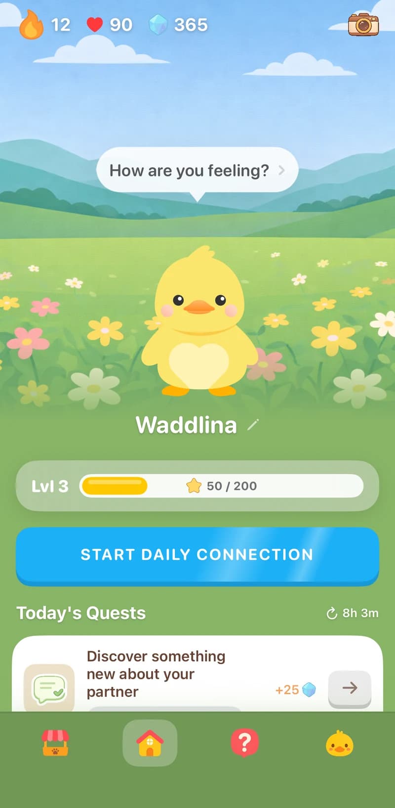 Waddle home screen with the duck and today's shared tasks